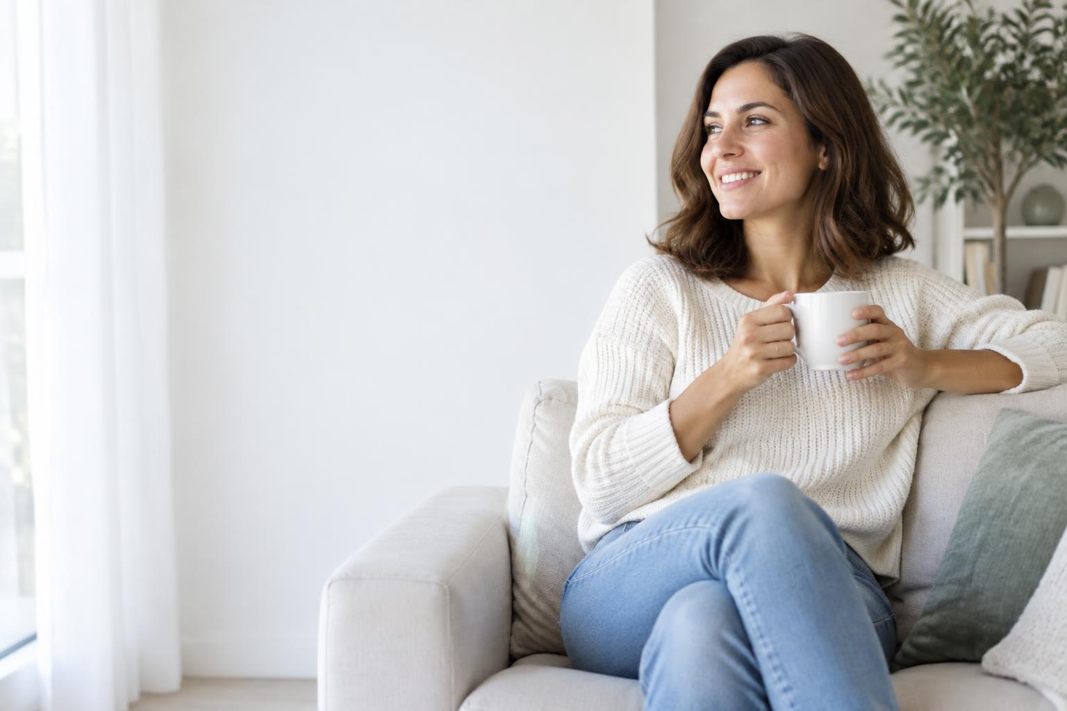 Mulher sorridente sentada em casa